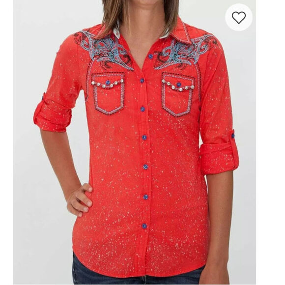 Roar Wild Heart Button Up Shirt in Orange, sz Large - Picture 1 of 15